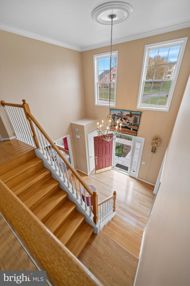 foyer with an inviting chandelier, plenty of natural light, and crown molding