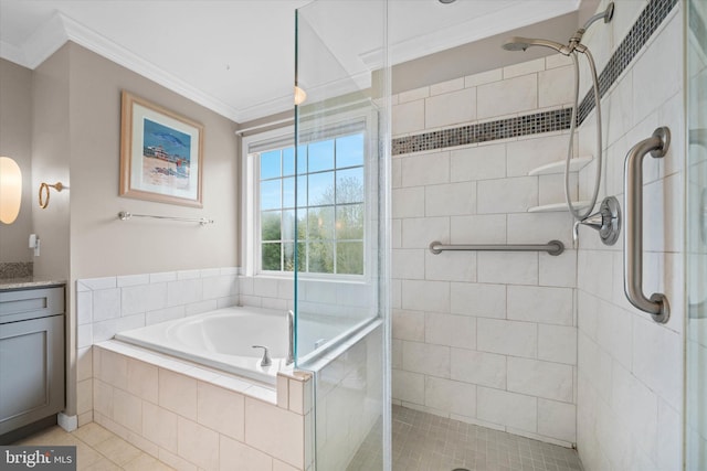 full bathroom featuring ornamental molding, tile patterned flooring, a shower stall, and vanity