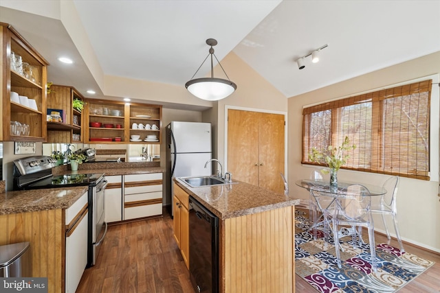 kitchen featuring open shelves, electric stove, dark wood-style floors, a sink, and dishwasher