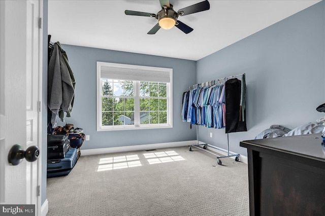 spacious closet featuring carpet flooring, ceiling fan, and visible vents
