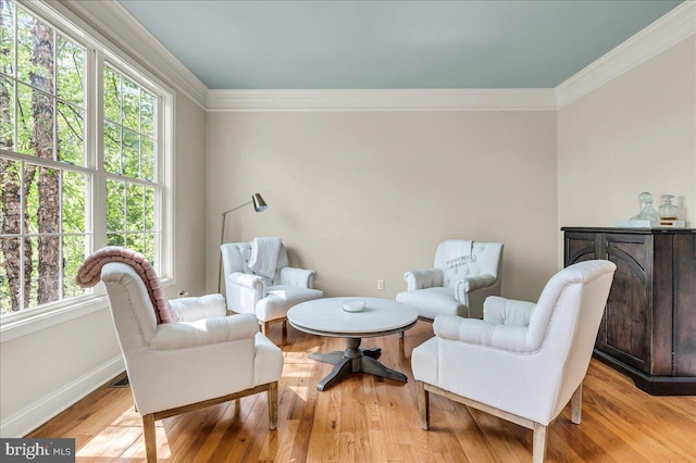 living area with crown molding, baseboards, plenty of natural light, and light wood-style floors