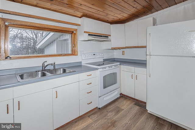 116 N 8th St Unit 2, Oakland, MD 21550 - kitchen featuring wooden ceiling, wood finished floors, white appliances, under cabinet range hood, and a sink