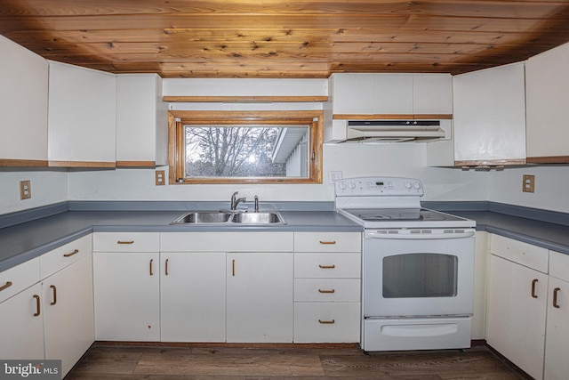 116 N 8th St Unit 2, Oakland, MD 21550 - kitchen with wood ceiling, white electric stove, under cabinet range hood, and a sink