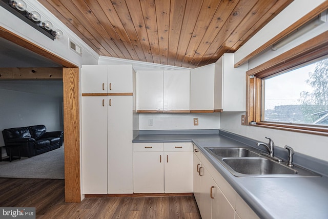 116 N 8th St Unit 2, Oakland, MD 21550 - kitchen with dark wood-style floors, a sink, visible vents, white cabinetry, and wood ceiling