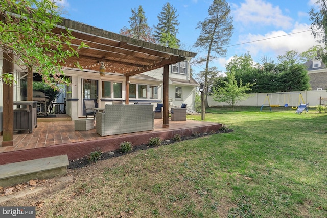 view of yard featuring a pergola, a patio area, an outdoor living space, a fenced backyard, and a playground
