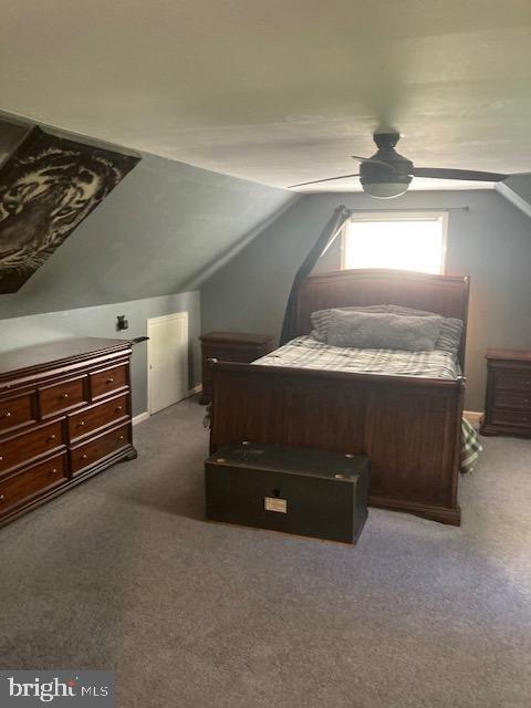 bedroom with carpet floors and lofted ceiling