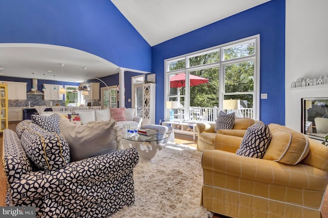 living area featuring arched walkways, ornate columns, wood finished floors, and lofted ceiling