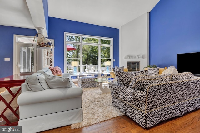 living area featuring a glass covered fireplace and wood finished floors