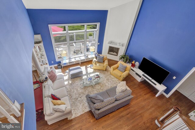 living room with baseboards, wood finished floors, and a fireplace