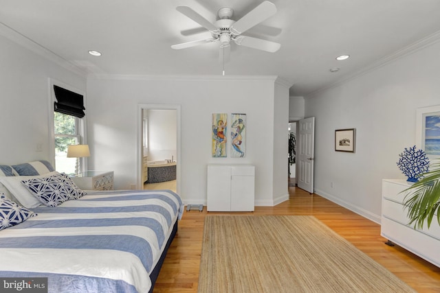 bedroom featuring ornamental molding, baseboards, recessed lighting, a ceiling fan, and light wood-style flooring
