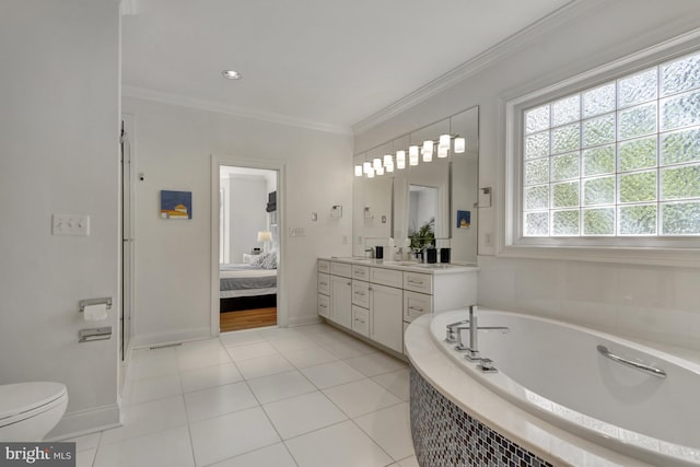 bathroom featuring crown molding, vanity, tile patterned floors, ensuite bathroom, and a bath