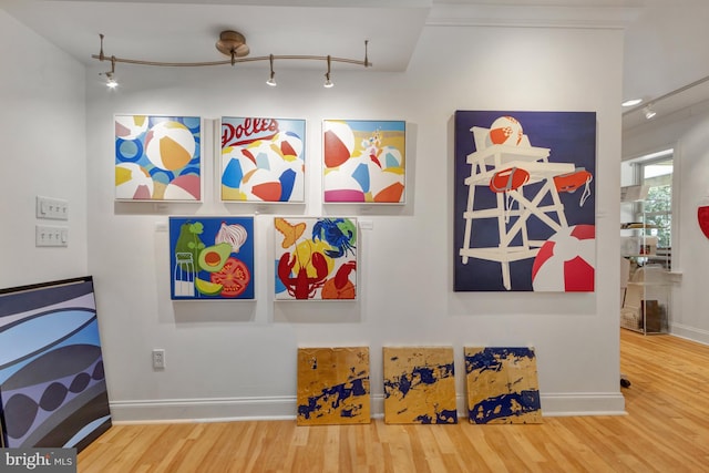 playroom featuring baseboards, track lighting, and wood finished floors