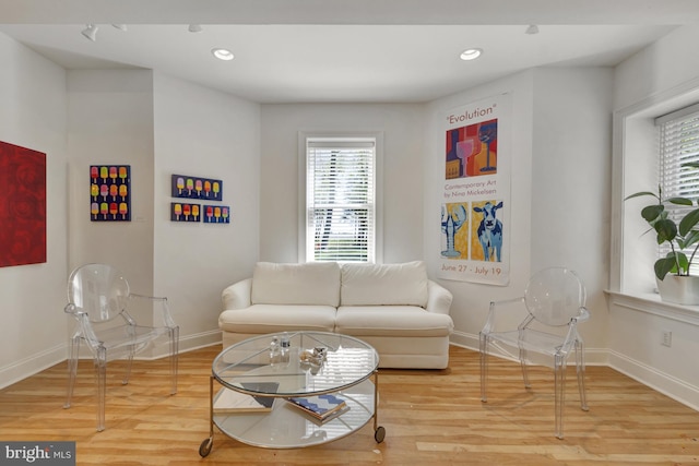 living area with baseboards, recessed lighting, wood finished floors, and a healthy amount of sunlight