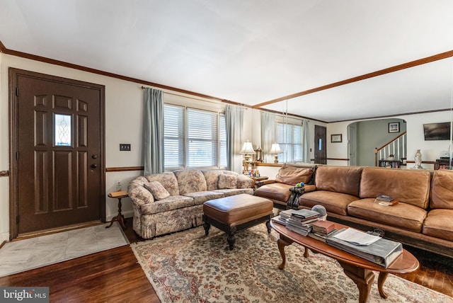 235 Medwick Garth E, Baltimore, MD 21228 - living room featuring crown molding, stairway, wood finished floors, and baseboards