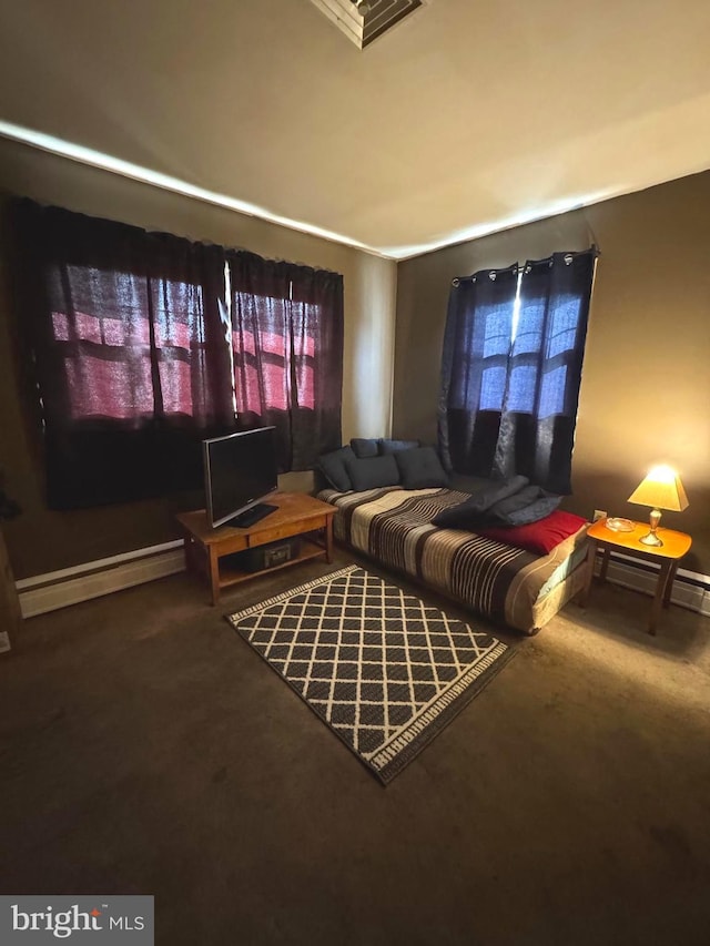 living room featuring a baseboard heating unit and carpet flooring