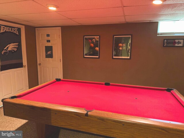 recreation room with pool table and a paneled ceiling