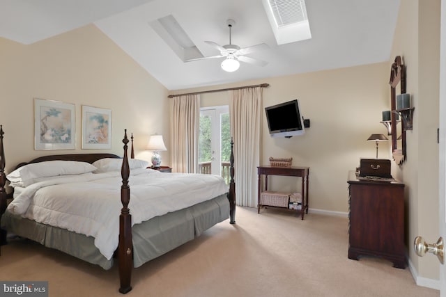 10204 Aspen Willow Dr, Fairfax, VA 22032 - bedroom featuring a skylight, vaulted ceiling, access to outside, carpet flooring, and baseboards