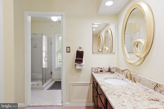 10204 Aspen Willow Dr, Fairfax, VA 22032 - full bathroom featuring vanity, a shower stall, baseboards, tile patterned floors, and recessed lighting