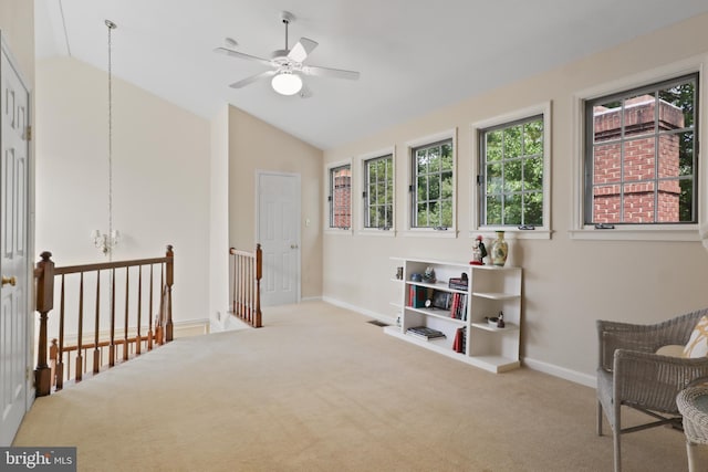10204 Aspen Willow Dr, Fairfax, VA 22032 - sitting room featuring carpet floors, an upstairs landing, lofted ceiling, ceiling fan, and baseboards