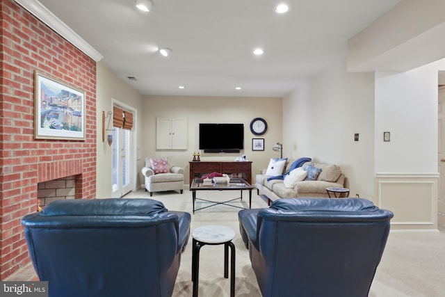10204 Aspen Willow Dr, Fairfax, VA 22032 - living area with light colored carpet, a brick fireplace, and recessed lighting
