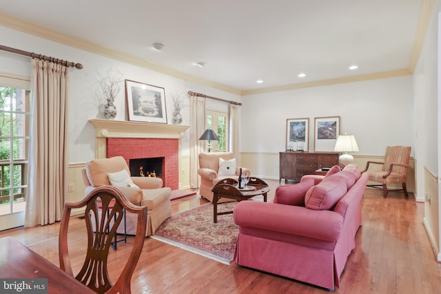 10204 Aspen Willow Dr, Fairfax, VA 22032 - living room featuring crown molding, light wood finished floors, a fireplace, and recessed lighting