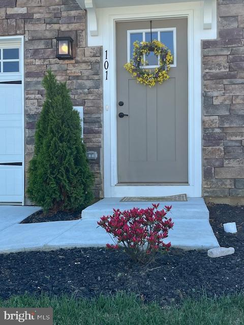 entrance to property featuring stone siding