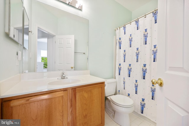 14019 Rockingham Rd, Germantown, MD 20874 - bathroom featuring toilet, vanity, tile patterned floors, and curtained shower