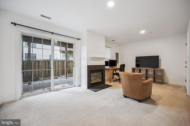 14019 Rockingham Rd, Germantown, MD 20874 - living room with carpet floors, a desk, baseboards, and recessed lighting