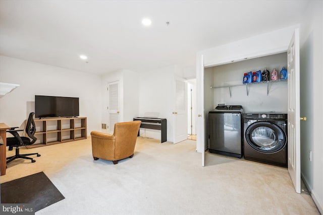 14019 Rockingham Rd, Germantown, MD 20874 - washroom featuring washing machine and clothes dryer, carpet, a desk, and recessed lighting