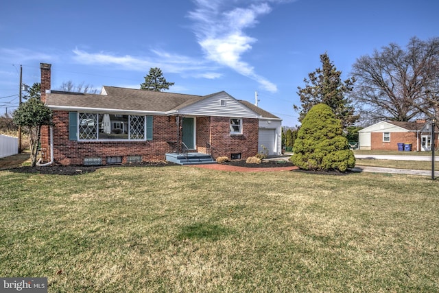 ranch-style home with a garage, brick siding, a chimney, and a front lawn