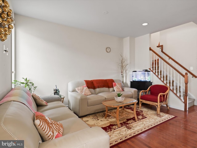 43260 Mitcham Sq, Ashburn, VA 20148 - living room featuring recessed lighting, stairway, and wood finished floors