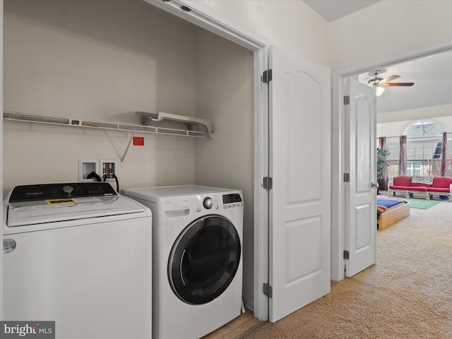 43260 Mitcham Sq, Ashburn, VA 20148 - laundry area featuring a ceiling fan, separate washer and dryer, laundry area, and light colored carpet