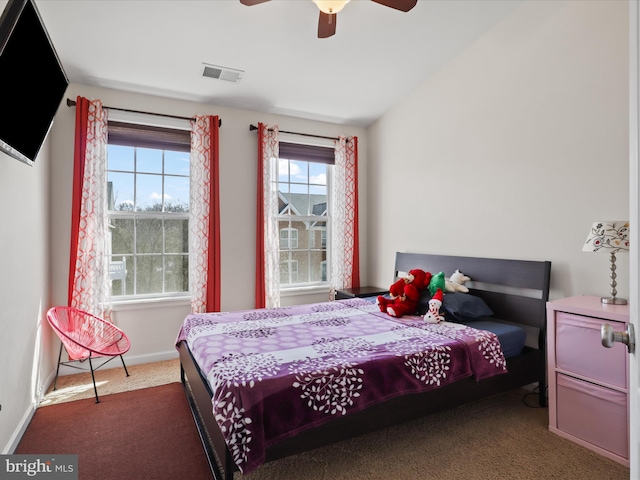 43260 Mitcham Sq, Ashburn, VA 20148 - bedroom featuring vaulted ceiling, carpet flooring, baseboards, visible vents, and a ceiling fan