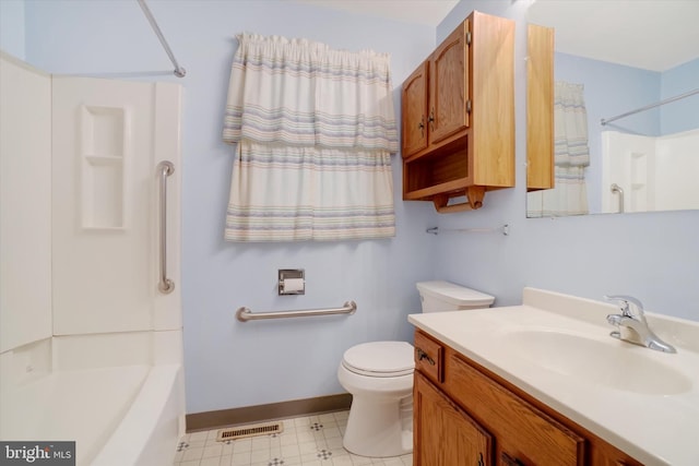 bathroom featuring visible vents, shower / washtub combination, baseboards, vanity, and toilet