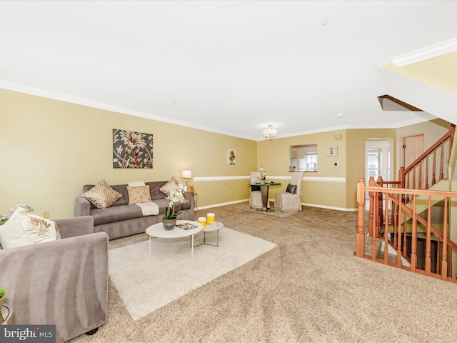 13107 Bridger Dr Unit 104, Germantown, MD 20874 - living area with ornamental molding, stairs, carpet, and baseboards
