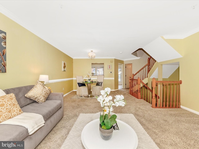 13107 Bridger Dr Unit 104, Germantown, MD 20874 - living area featuring carpet floors, ornamental molding, stairway, and baseboards