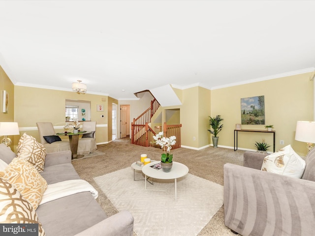 13107 Bridger Dr Unit 104, Germantown, MD 20874 - living area featuring stairway, ornamental molding, carpet, and baseboards