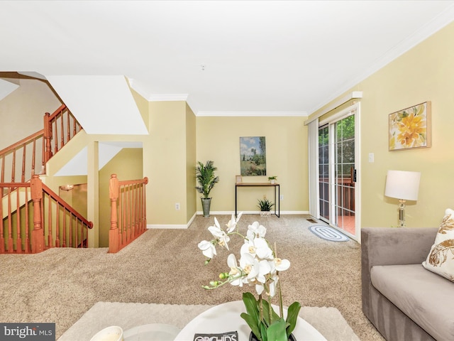 13107 Bridger Dr Unit 104, Germantown, MD 20874 - living room featuring ornamental molding, carpet flooring, baseboards, and stairs