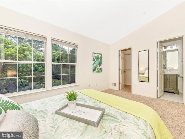 13107 Bridger Dr Unit 104, Germantown, MD 20874 - carpeted bedroom featuring lofted ceiling, a walk in closet, baseboards, and ensuite bathroom
