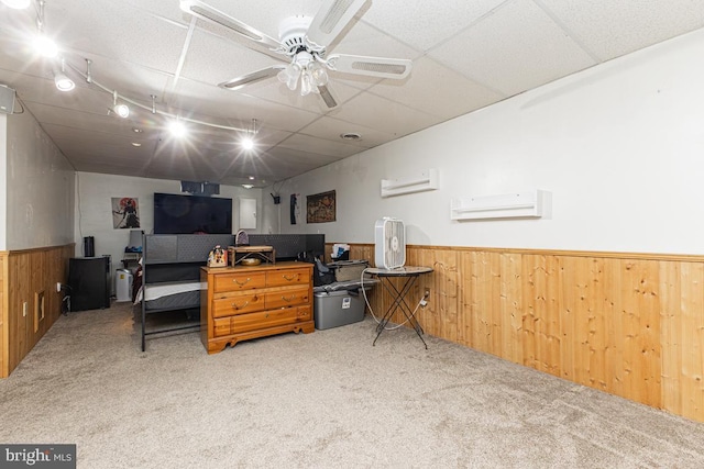 950 Wampler Ln, Westminster, MD 21158 - carpeted office with a wainscoted wall, wooden walls, a drop ceiling, a wall mounted air conditioner, and a ceiling fan