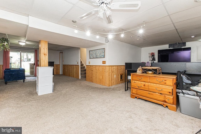 950 Wampler Ln, Westminster, MD 21158 - below grade area featuring wainscoting, light carpet, stairs, a ceiling fan, and wood walls