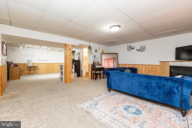 950 Wampler Ln, Westminster, MD 21158 - living area with wainscoting, wooden walls, a paneled ceiling, carpet, and a fireplace