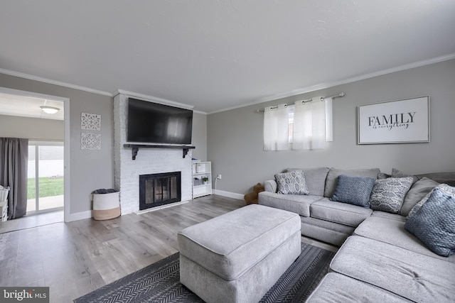 living room featuring ornamental molding, a fireplace, wood finished floors, and baseboards