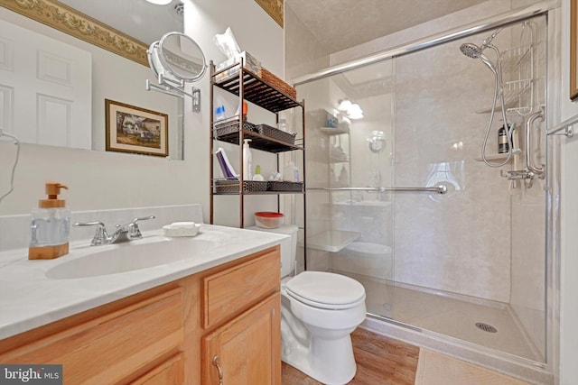 bathroom with vanity, toilet, wood finished floors, and a stall shower