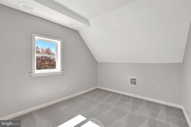 additional living space featuring vaulted ceiling, baseboards, carpet flooring, and visible vents