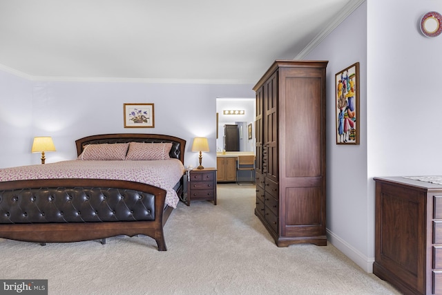 bedroom with crown molding, baseboards, and light carpet