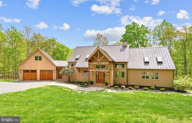 rustic home featuring a chimney, a standing seam roof, a front yard, and metal roof