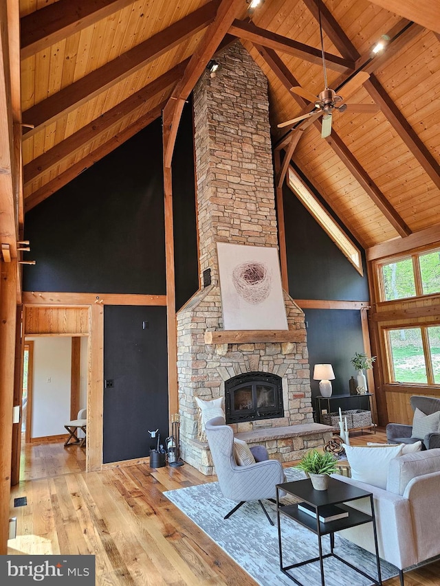 living area featuring wood-type flooring, beamed ceiling, wooden ceiling, and high vaulted ceiling