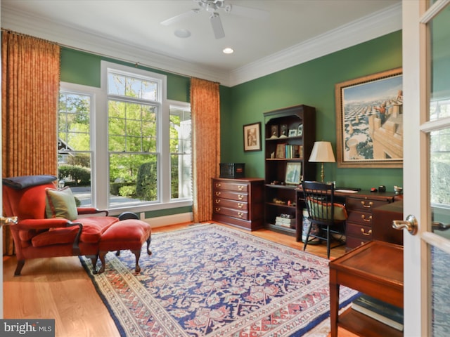 office area featuring ceiling fan, ornamental molding, and wood finished floors