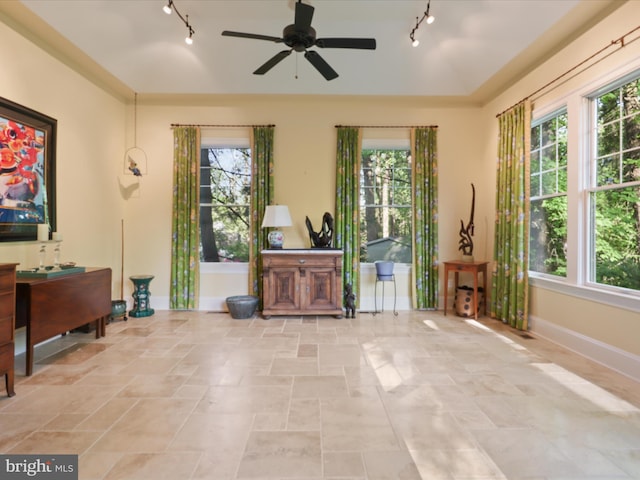 living area featuring a ceiling fan, baseboards, track lighting, and stone finish floor